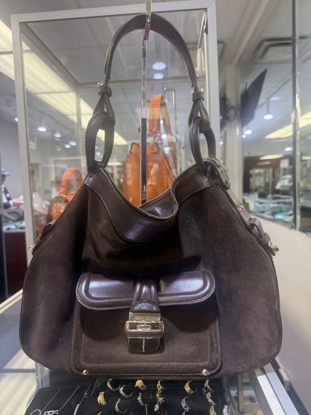 Jimmy Choo Dark Brown Suede Shoulder Bag with Front Buckle